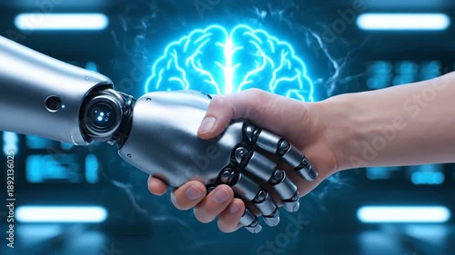 Wallpaper Mural Robot Handshake with Human and AI Brain. Torontodigital.ca