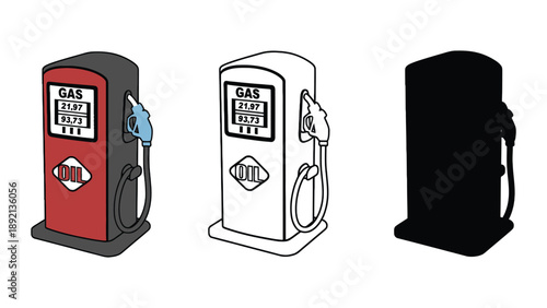 An illustration of three gas pumps in different colors and styles