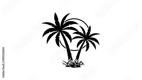A black silhouette of two palm trees on a white background