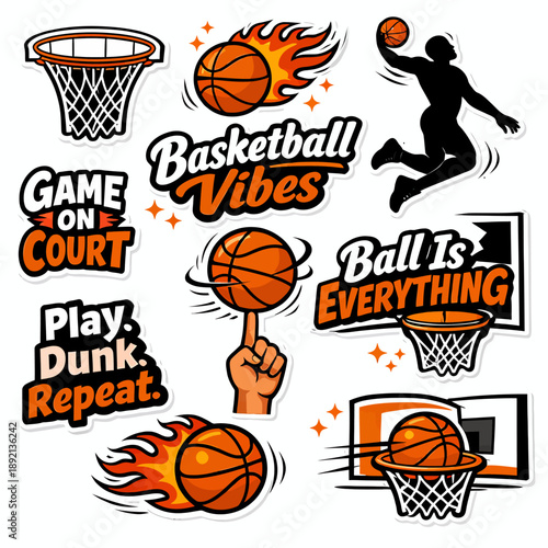 Collection of vibrant basketball-themed stickers featuring hoops, balls, players, and motivational text like 'Basketball Vibes' and 'Play. Dunk. Repeat.'.