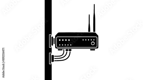 A black and white illustration of a router mounted on a pole