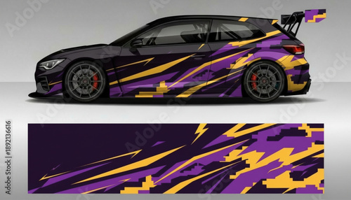 Sporty hatchback car with a dynamic purple and yellow abstract graphic vinyl wrap design, showcasing modern vehicle customization.