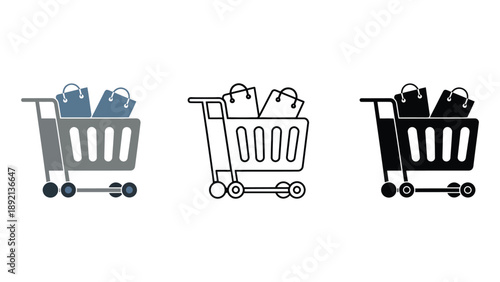 Three shopping cart icons in different colors on a white background