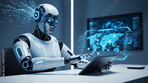 Wallpaper Mural Robot Working on Laptop with Global Map Display. Torontodigital.ca