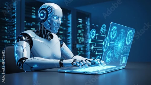 Wallpaper Mural Robot Working on Laptop with Futuristic Interface. Torontodigital.ca