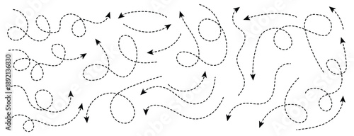 Curved dotted arrow. Zigzag arrow stripes design with dotted lines. Set of hand drawn dashed arrows Vector illustration.