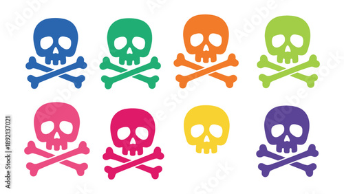A colorful arrangement of skulls and crossbones in various hues
