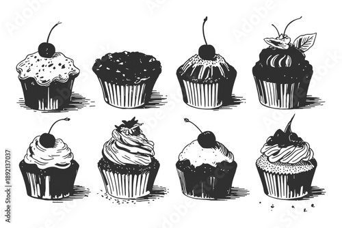 A Collection of Hand-Drawn Cupcakes with Cherries and Frosting