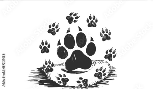 A Circle of Paw Prints, Centered Around a Large Paw Print on a Textured Surface