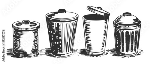 A Lineup of Four Vintage Trash Cans with Lids, Illustrated in Black and White