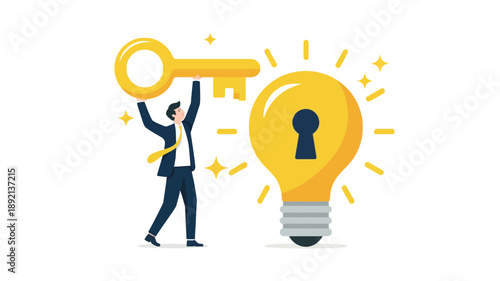 Businessman holding a golden key, unlocking a bright idea lightbulb with a keyhole