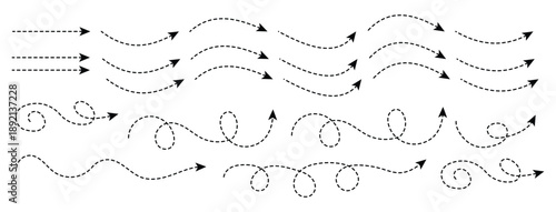 Curved dotted arrow. Curve dotted line arrow double side set. Spiral dotted line arrow. Zigzag arrow stripes design with dotted lines.
