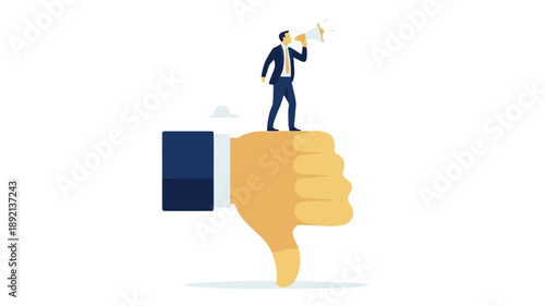 Businessman with Megaphone on Thumbs Down Symbol, Announcing Bad News