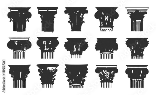 Collection of Classical Architectural Column Capitals in Silhouette