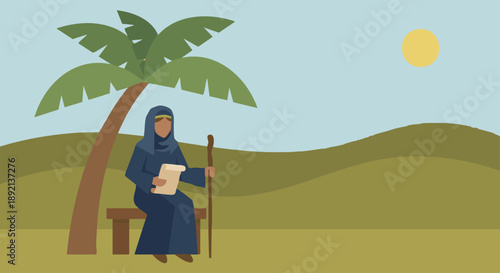 Deborah the Judge
Flat vector illustration of Deborah the judge seated beneath a palm tree, symbolizing wisdom and leadership, simple natural landscape background with hills and sky, Bible 