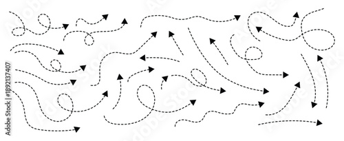 Curved dotted arrow. curved hand drawn arrows. Sketch dashed arrows design. signpost showing a confusing complex path. Dashed arrows.