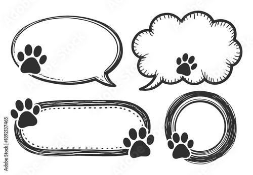 Hand-drawn Speech Bubbles and Frames with Paw Prints