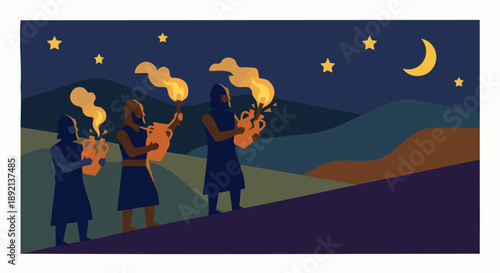 Gideon’s Victory
Flat vector illustration of Gideon’s victory showing a small group of soldiers holding torches and clay jars, nighttime hillside background with simple terrain and sky, symbolic story