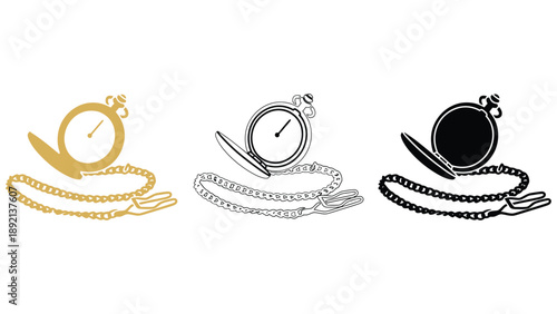 A set of three pocket watch illustrations in different colors and styles