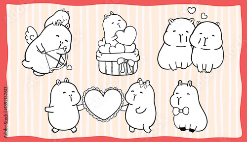 Kawaii Capybra Couple and Capybara Cupid Cartoon Hand Drawn Outline Illustration