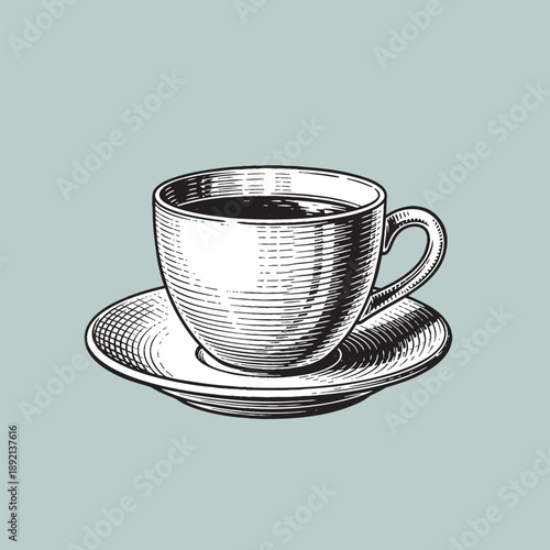 Beautifully detailed hand-drawn coffee cup illustration, rendered in an elegant vintage engraving style, perfect for menus and cafe designs.