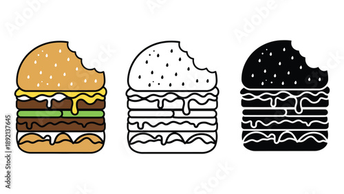 A colorful illustration of three different hamburger designs on a white background