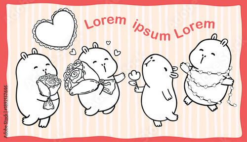 Kawaii Valentine Capybara With Roses Flowers Bouquet Cartoon Hand Drawn Outline Illustration