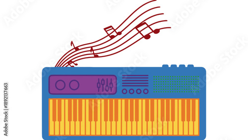 A colorful illustration of a musical keyboard with notes flowing out