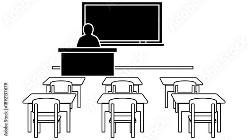 A simple black and white illustration of a classroom with a teacher
