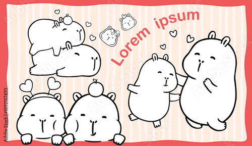 Kawaii Capybra Couple Hugging Cartoon Hand Drawn Outline Illustration