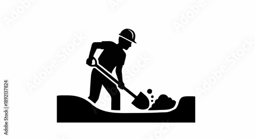 Construction worker digging with shovel icon silhouette.