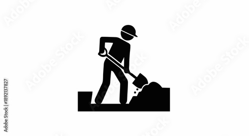 Construction worker digging with shovel icon silhouette.