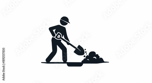 Construction worker digging with shovel icon silhouette.