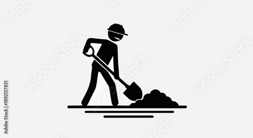 Construction worker digging with shovel icon symbol.