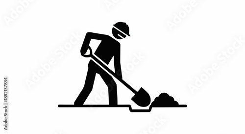 Construction Worker Digging With Shovel Icon Symbol.