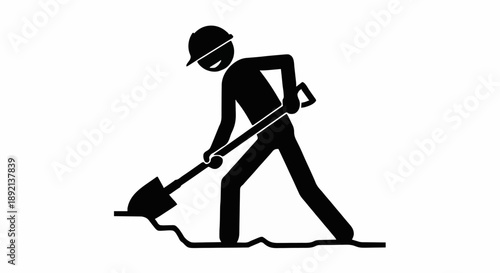 Construction worker digging with shovel icon symbol.