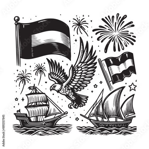 hand drawn flag falcon dhow and fireworks doodle icons