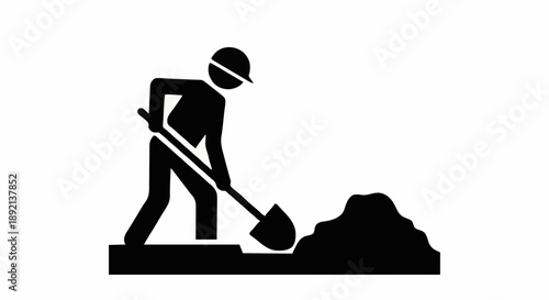 Construction worker digging with shovel icon symbol.