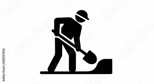 Construction worker digging with shovel icon symbol.