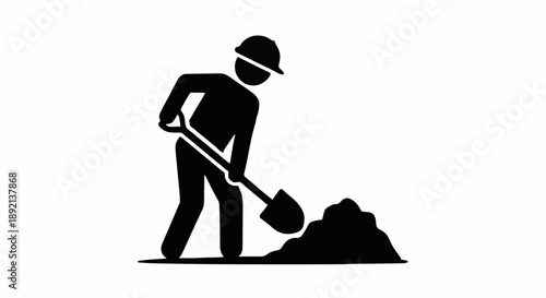 Construction worker digging with shovel icon symbol.