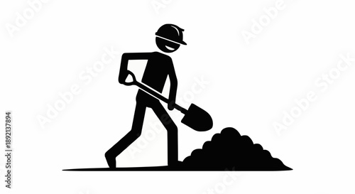 Construction worker digging with shovel icon symbol.