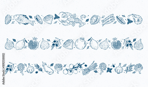 Hand-drawn vector borders celebrating Mediterranean food, featuring seafood, fruits, and vegetables. Perfect for menus, packaging, invitations, and food design projects