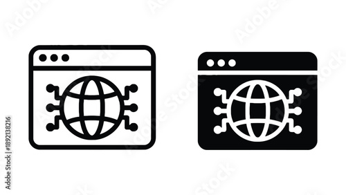 Two black and white icons of browser windows with a globe and links