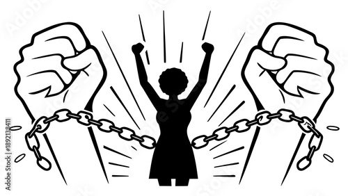 A woman breaking free from chains, symbolizing freedom and empowerment, illustrated in a striking black silhouette