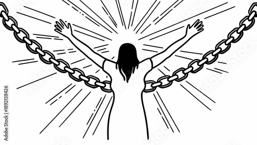 Woman breaking free from chains with outstretched arms and radiant light surrounding her, symbolizing freedom and empowerment from a rear viewpoint