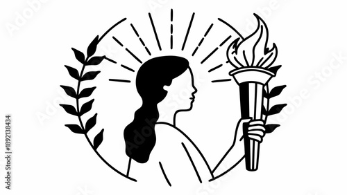 Woman holding a torch surrounded by leaves and rays of light in a circular frame