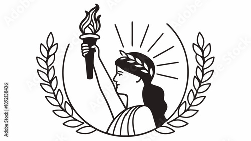 Monochrome illustration of a woman holding a torch surrounded by laurel wreath