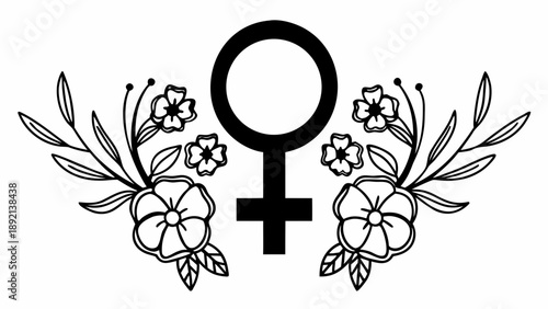 Elegant black female symbol surrounded by flowers and leaves illustration on a clean background from a straightforward viewpoint