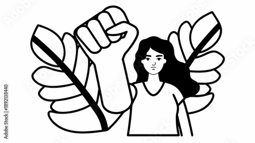 A woman with a determined expression raises her fist in solidarity surrounded by leaves from a nearby plant in a simple illustration