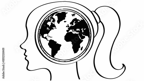 A young woman contemplates the global environment with a thoughtful expression, surrounded by a simple, clean illustration